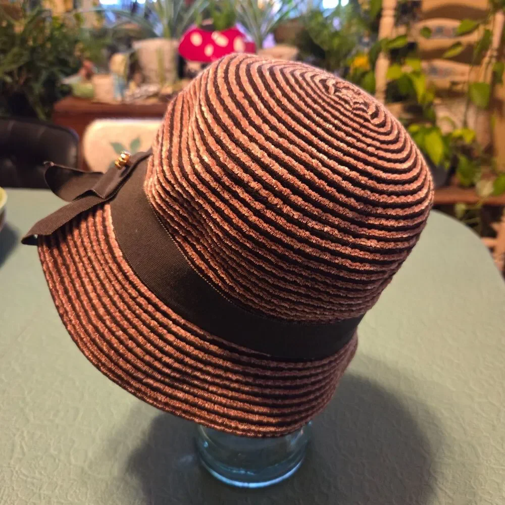 Vintage 1950s Nancy Eileen Modes Fabric Bucket Cloche Hat Brown Striped Small
